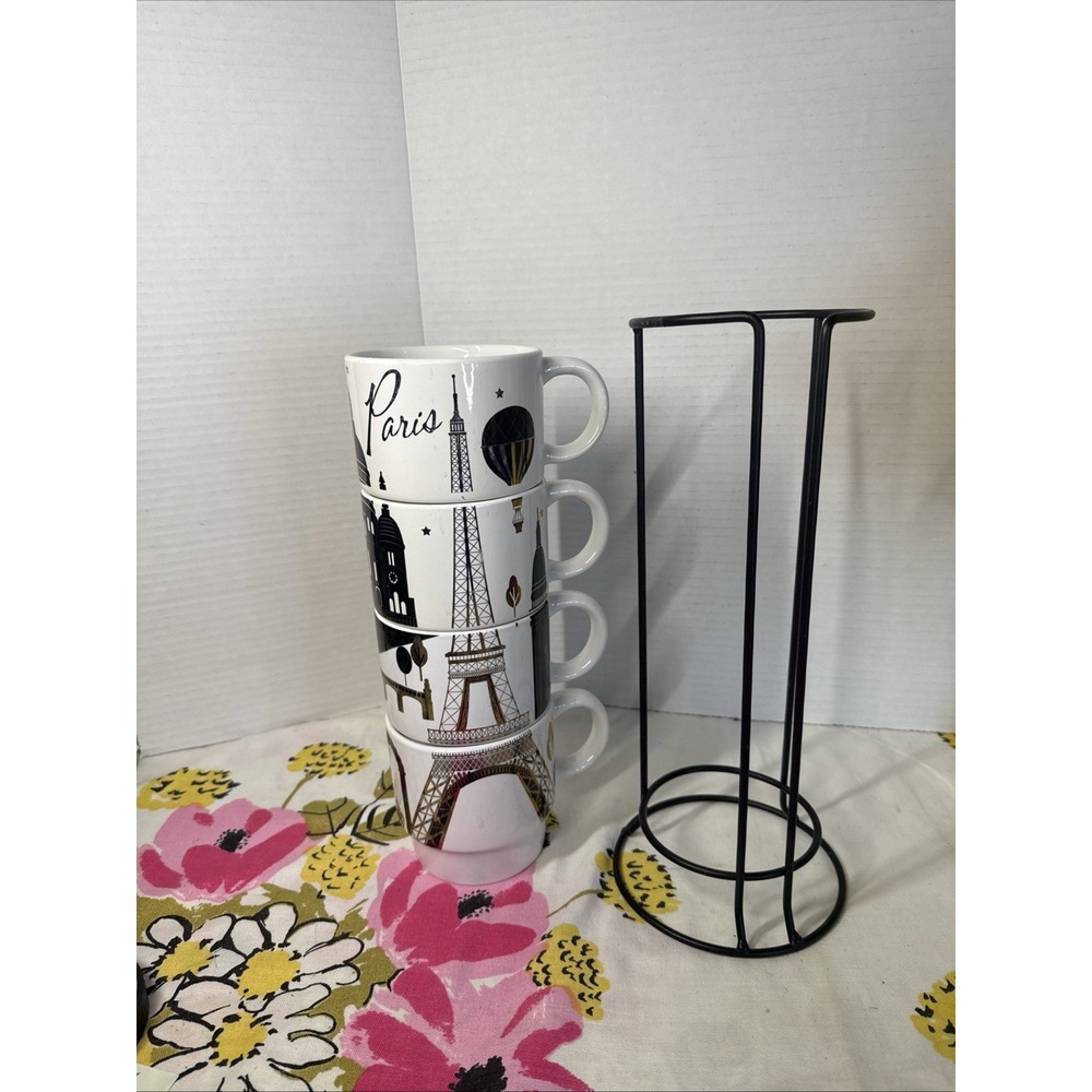 Signature Paris Eiffel Tower Stacked Stoneware Mug Set Of 4 With Stand